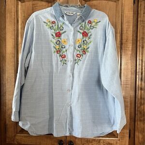 Vtg Victoria Jones Women's Blue Denim Button‎ Up Embroidered Floral Top Size 24W